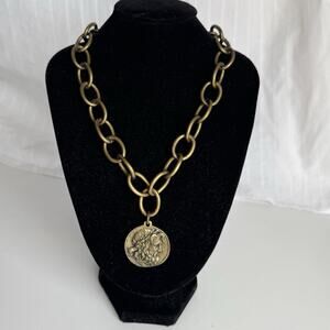 French Kande Brassy Metal Chain Good‎ Luck French JEUMONT Gods Coin Pendant 16"